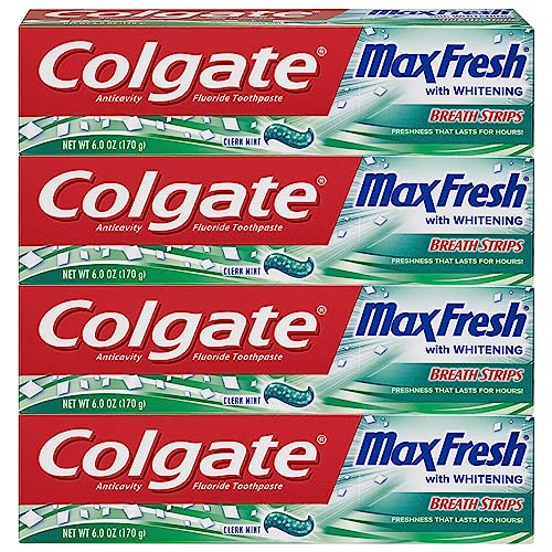 Colgate Max Fresh Whitening Toothpaste with Breath Strips, Clean Mint, 6 Ounce Tube, 4 Pack