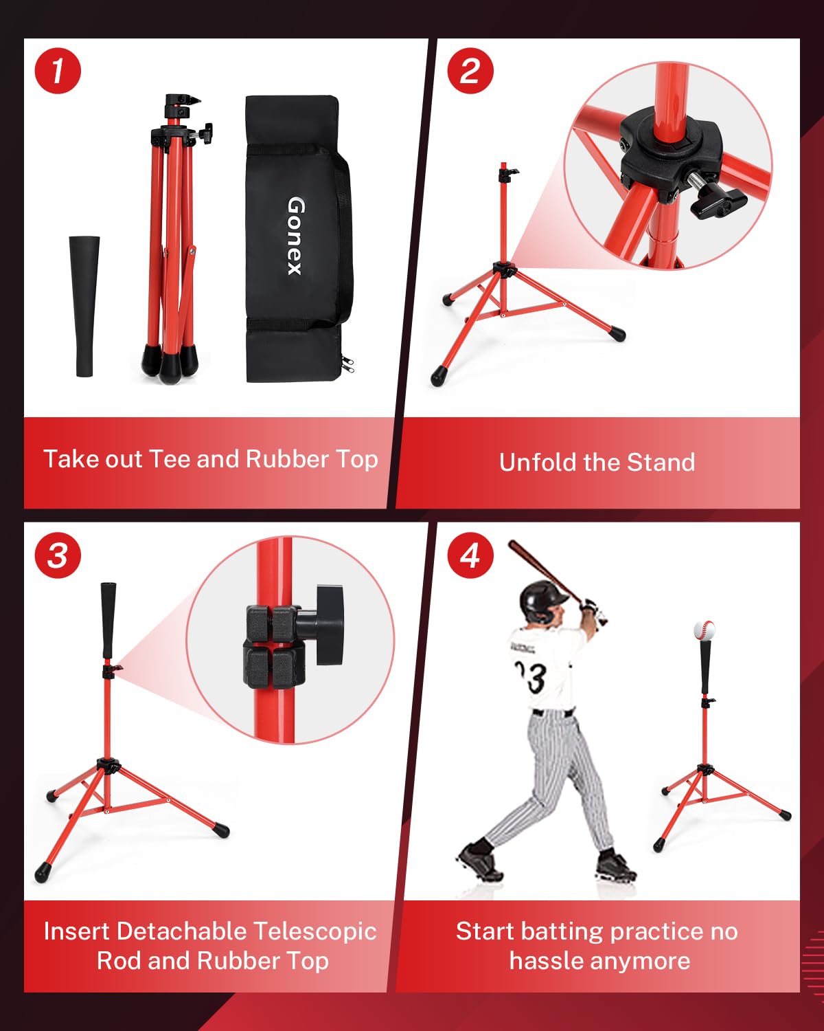 Gonex Baseball Tee Softball Tee Practice Hitting Batting Tripod Stand Rubber Tee Collapsible Portable with Carrying Bag