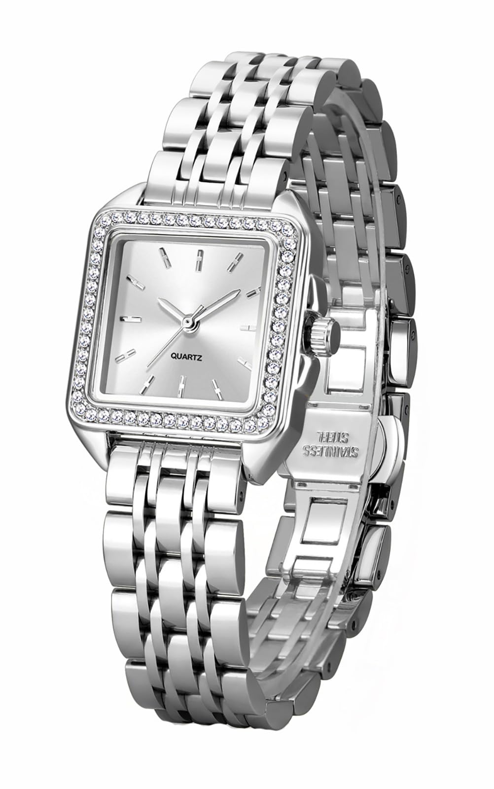 BESTKANG Women Watches Fashion Wristwatch Quartz Waterproof Watch Stainless Square Watch Women’s Golden Watches (Silver-White)