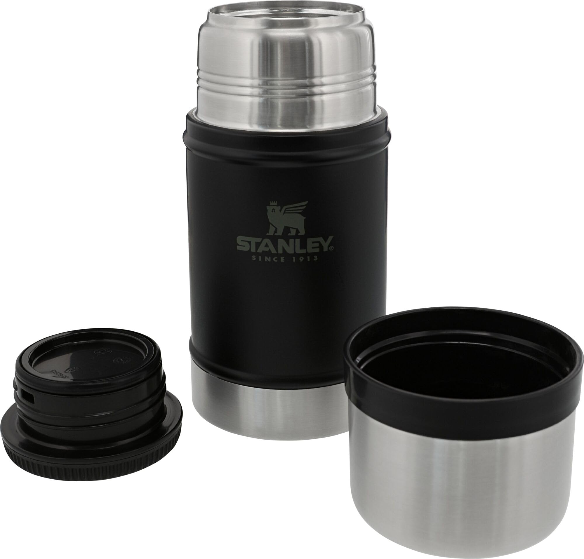 Stanley Vacuum Insulated Large Food Jar, 18/8 Stainless Steel Food Jar for Cold and Hot Food, Soup Thermos with Leak Proof Lid Doubles as Cup, Wide Mouth Food Thermos, Matte Black, 24oz