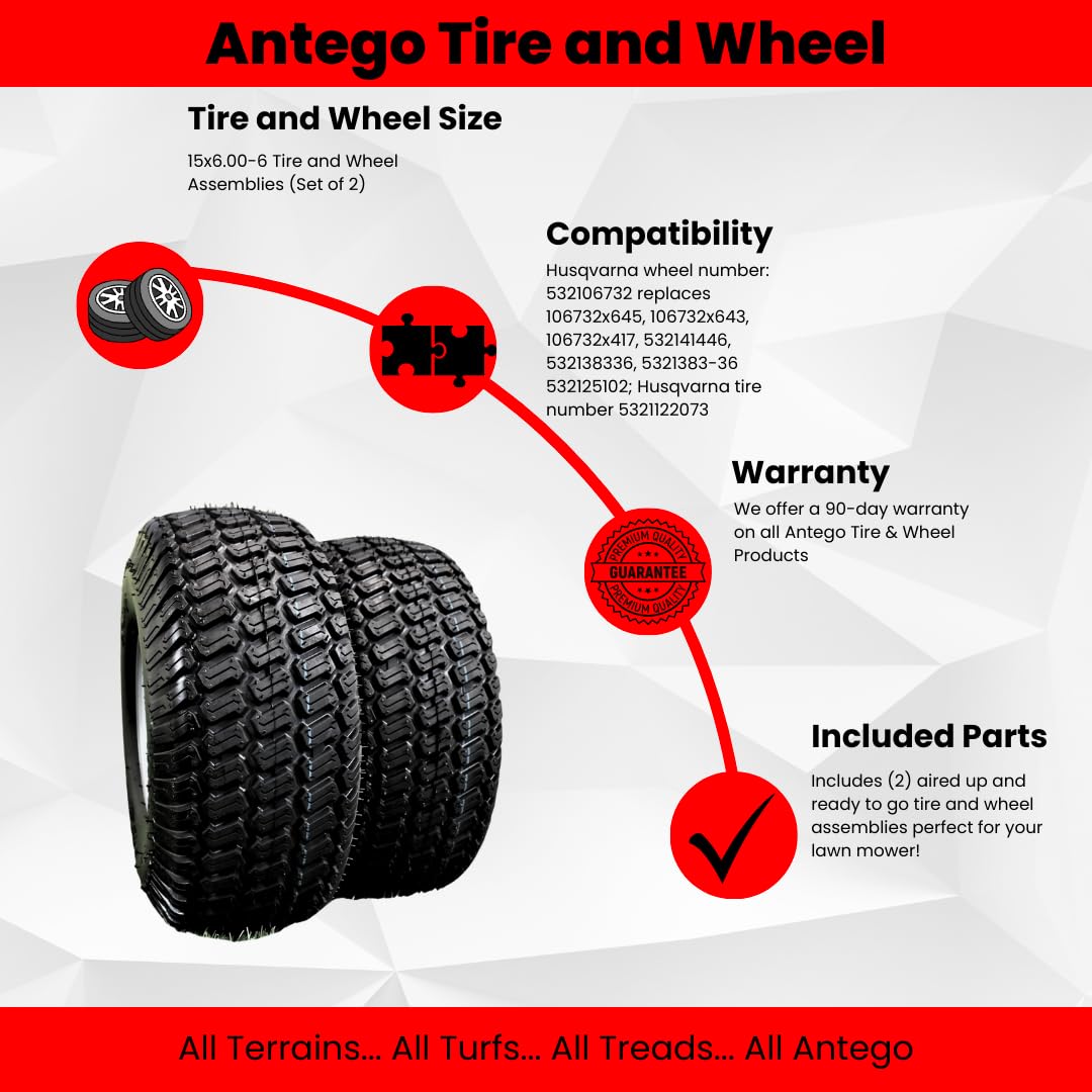 Antego Tire & Wheel (Set of 2) 15x6.00-6 Tire and Wheel Assemblies, ATW-001, 4 Ply Turf Tires, .75" Precision Ball Bearings, Poulan/Husqvarna Mower Front Tires, and Honda Lawn Mower Tires 15x6.00-6