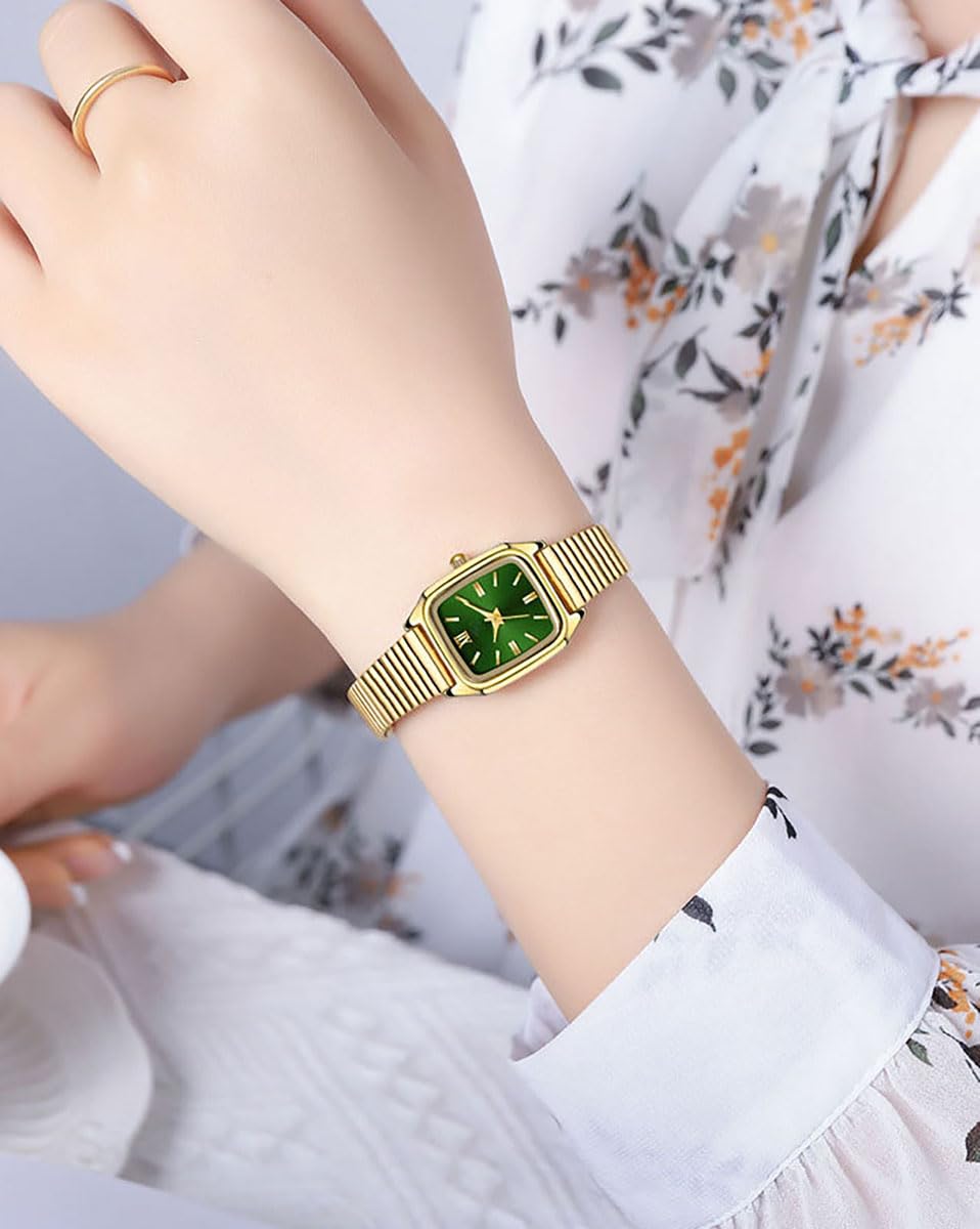 BESTKANG Vintage Square Women's Watch Stainless Band Women's Waterproof Easy-to-Read Gold Quartz Watch (Gold-Green)