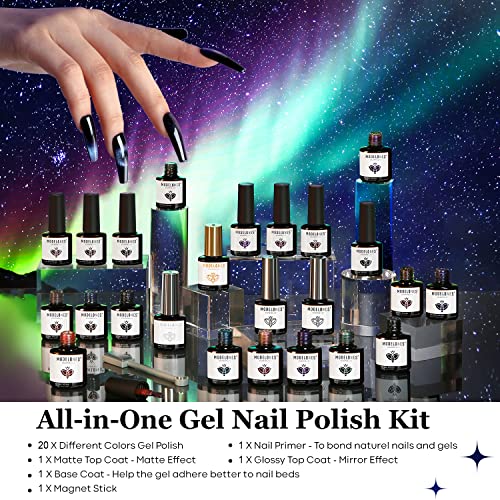 modelones 24 Pcs Gel Nail Polish Kit, 20 Colors Neutral Nude Pink Glitter Skin Tone Gel Polish Nail Set with Bond Primer Glossy & Matte Top Base Coat Nail Art DIY Home Gifts