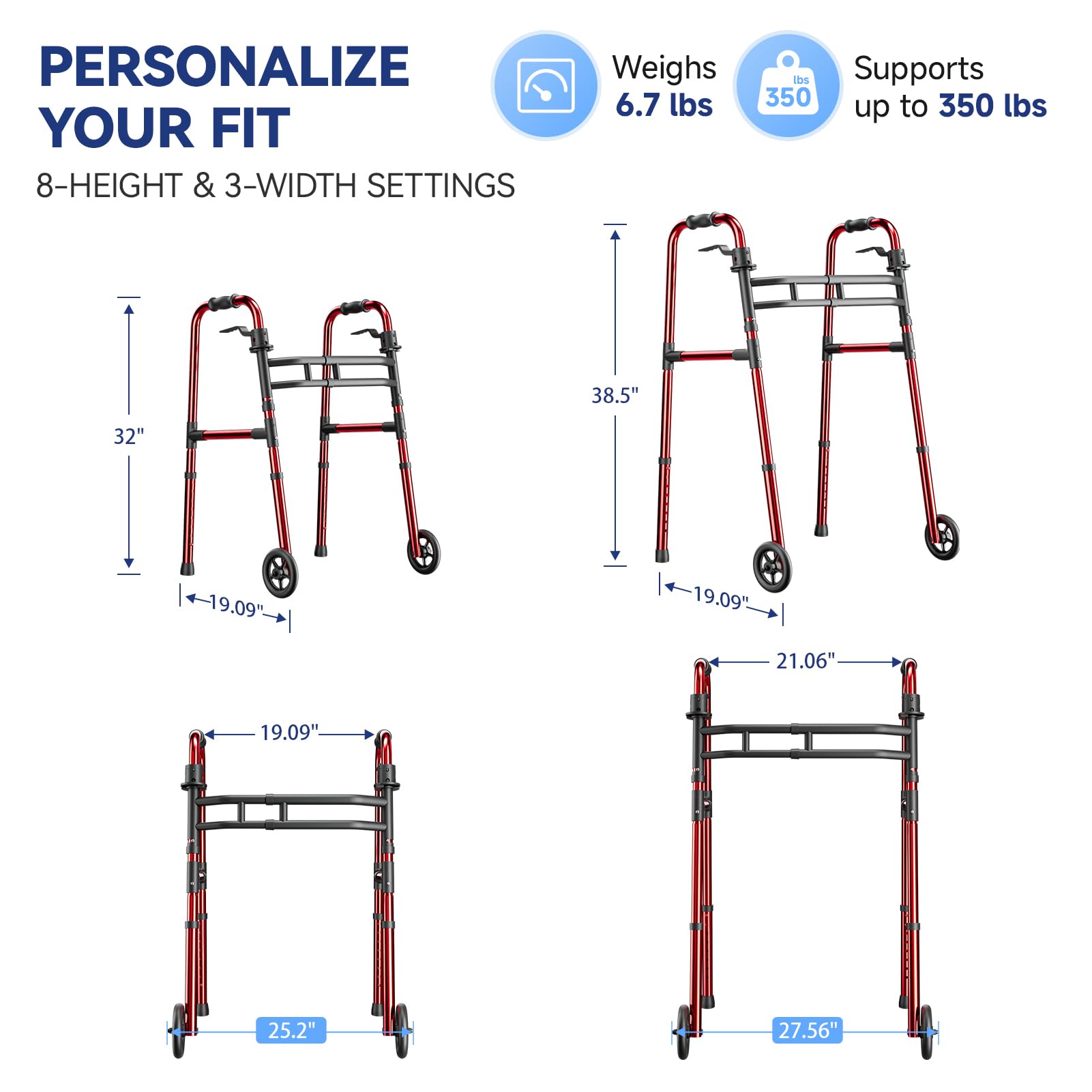 Loyoda Walkers for Seniors Foldable, Aluminum Lightweight Walker with Wheels, Adjustable Height & Width Standard Walkers for Elderly & Disabled, 350 lbs Capacity, Red