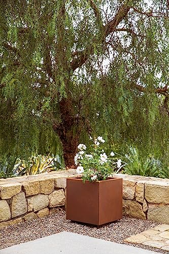 Veradek Corten Steel Series Cube Planter - Square Metal Planter for Outdoor Patio/Garden | Naturally Rusting Steel for All-Weather Use | Modern Rustic Décor for Trees, Flowers, Tall Trees