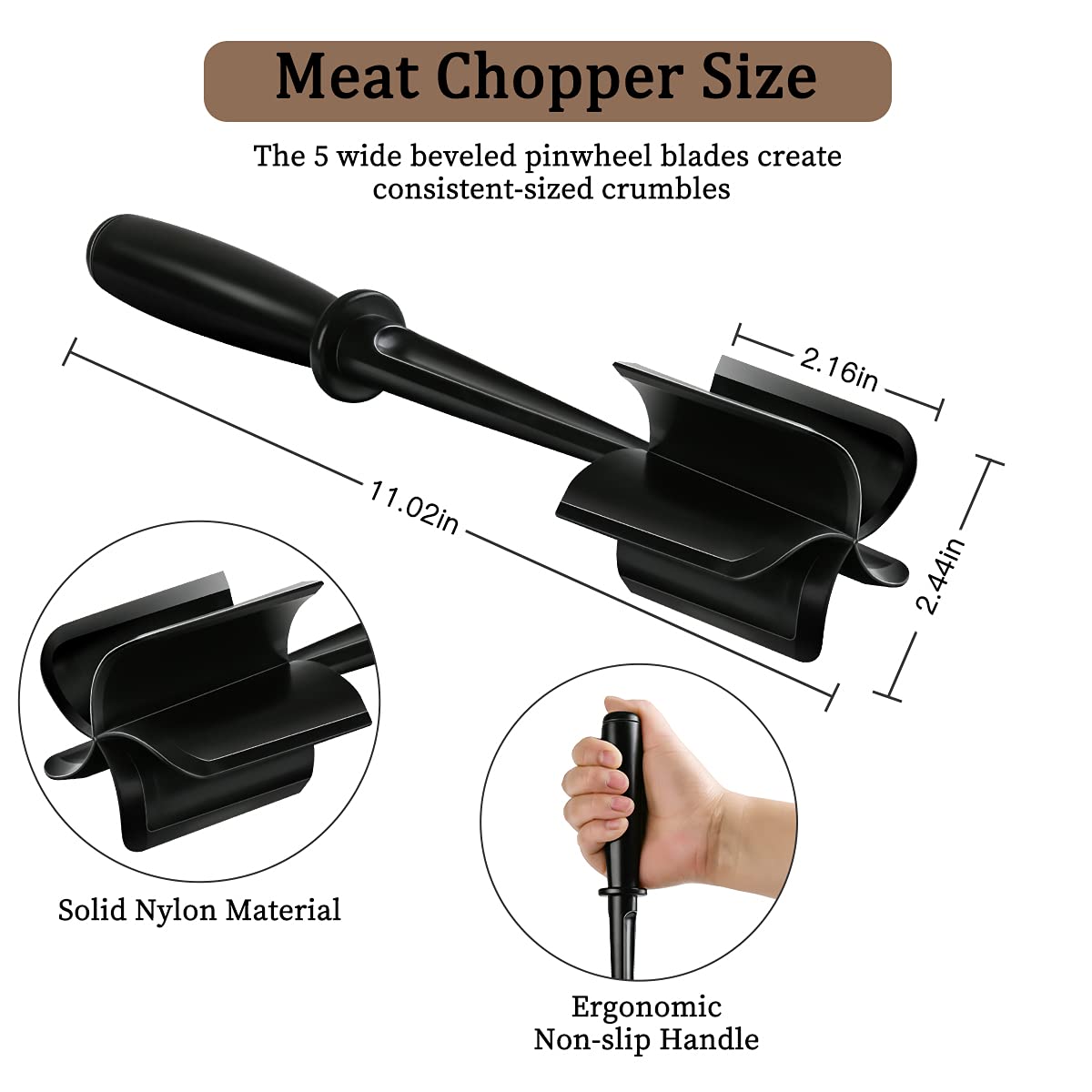 Meat Chopper, Hamburger Chopper Utensil, Professional Heat Resistant Nylon, Masher & Smasher Meat, Potato Masher Ground Beef & Turkey -Non Stick Mix Chopper for Kitchen Tool