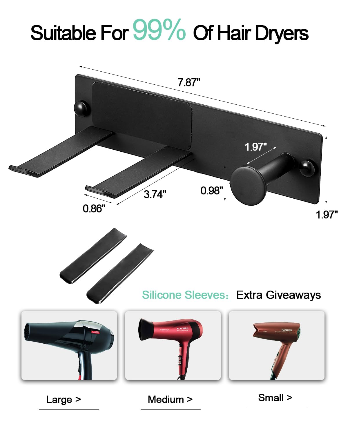 WOJIUBUXIN Hair Dryer Holder Wall Mount Matte Black Hair Dryer Holder for Bathroom Cabinet SUS 304 Stainless Steel Blow Dryer Holder Compatible with Dyson Hair Dryers