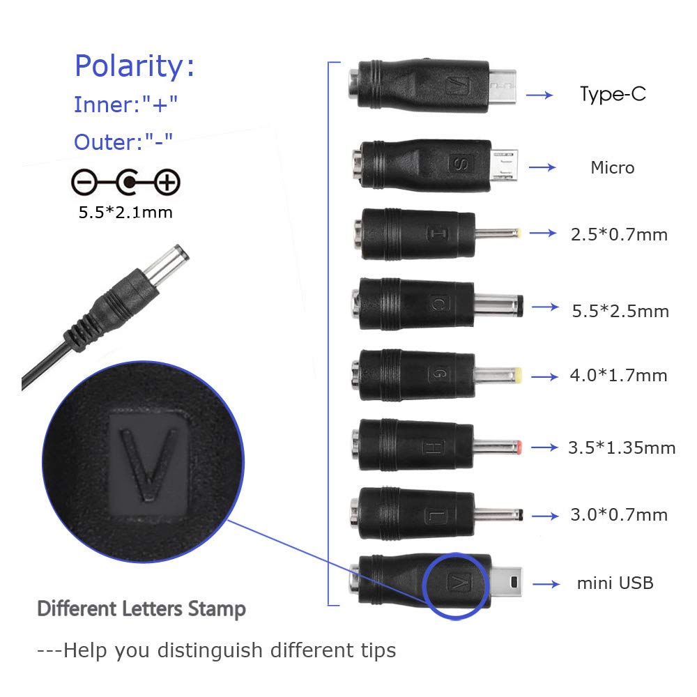 DC 5V 2A 2000mA Power Supply Cord Charger Multi Tips 10W AC Adapter with 8 Selectable Multiple Switching Connectors for TV Box LED Lights Strip Tablets Webcam Camera Speaker Router Transformer ect