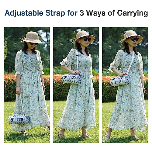 WILLOW WEAVE Picnic Blankets Washable | Beach Mat Sand Free Waterproof | Camping Blankets | Emergency Blankets | Picnic Baskets Accessories with Waterproof Backing and Shoulder Strap - BlueLeaf
