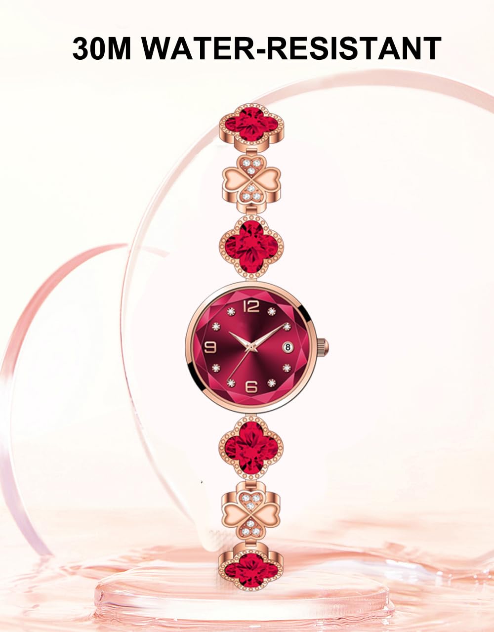 BESTKANG Women's Bracelet Watch Women Luxury Dress Ladies Stainless Steel Luminous Waterproof Date Wrist Watches (Red)