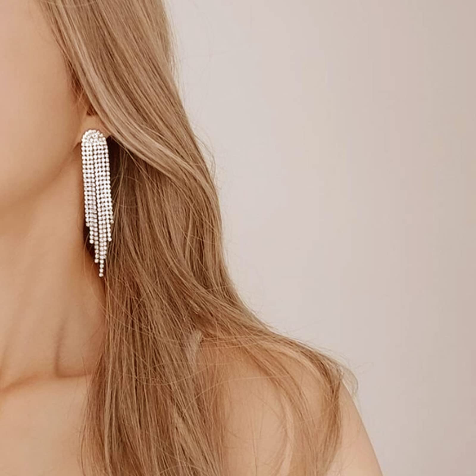 Luxval Rhinestone Earrings Dangling for Women Girls Long Chandelier Earrings Tassel Sparkly Silver Dangle Earrings Lightweight Ear Studs Cubic Zirconia Crystal Statement