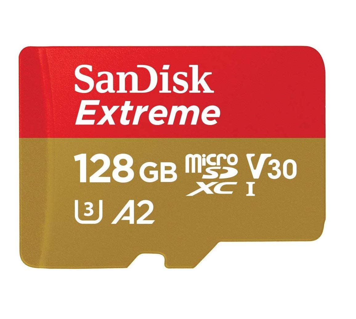 SanDisk 128GB Extreme MicroSD (5 Pack) Memory Card for DJI FPV Drone (SDSQXAA-128G-GN6MN) Class 10 4K V30 UHS-I U3 A2 SDXC Bundle with (1) Everything But Stromboli MicroSD and SD Card Reader