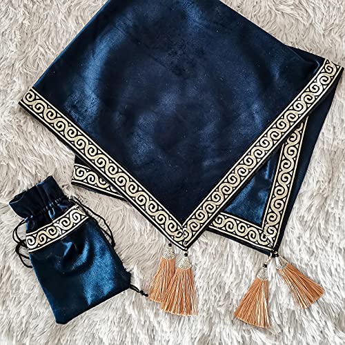 SUTAVIA Retro Altar Tarot Table Cloth Gothic Cards Bag Party Square Table Cover Divination Wicca Lisi Velvet with Tarot Drawstring Pouch Set (Blue, 25.5"x25.5")