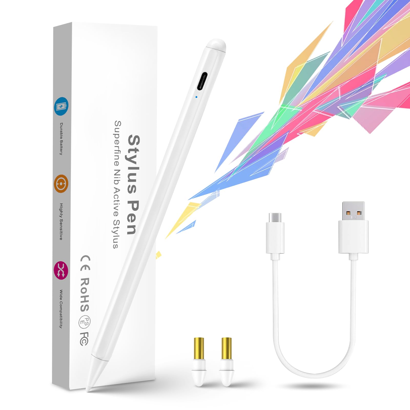 iPad Pro 11" Stylus Pencil,1.5mm Replaceable Pom Palm Rejection Tip Active Pen Compatible with Apple Magnetic Pencil for iPad Pro 11 Inch Stylus on Drawing Writing Sketching White