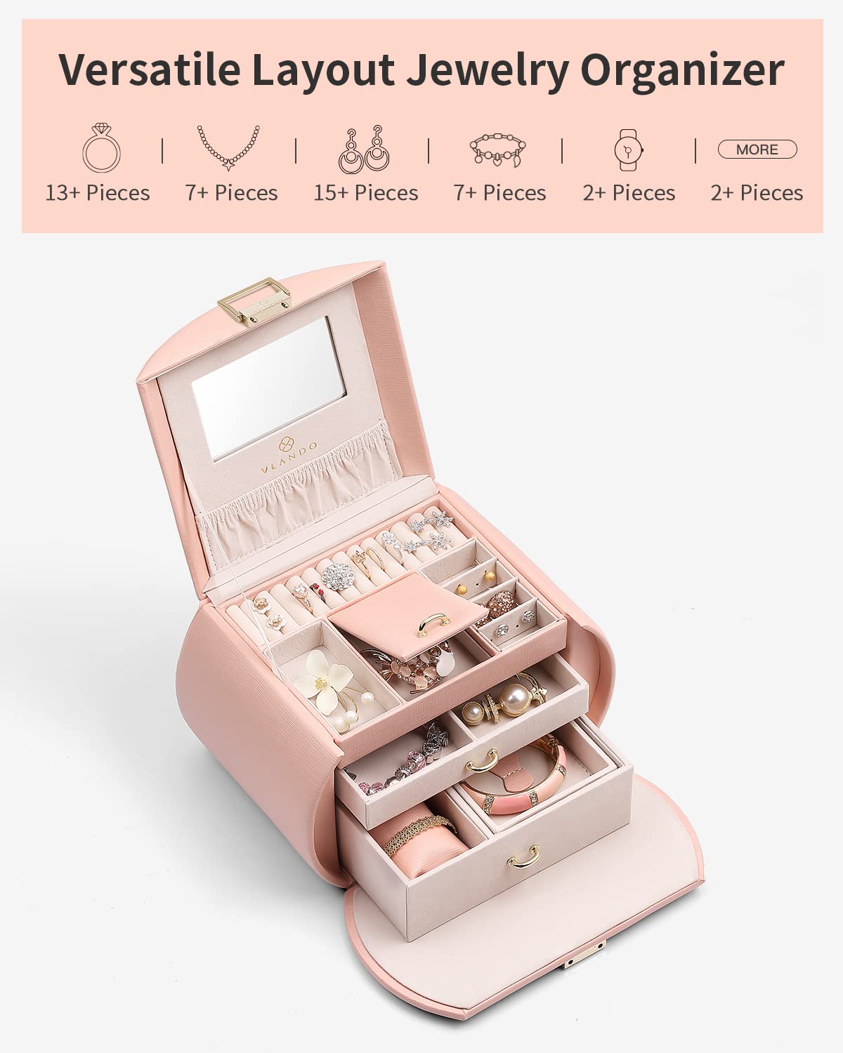 Vlando Princess Style Jewelry Box for Girls Jewelry Box Girls 12-14 3-Layer Kids Jewelry Box with Mirror Little Girls Jewelry Box 8-12 Valentines Day Gift for Teens Girls (Pink)