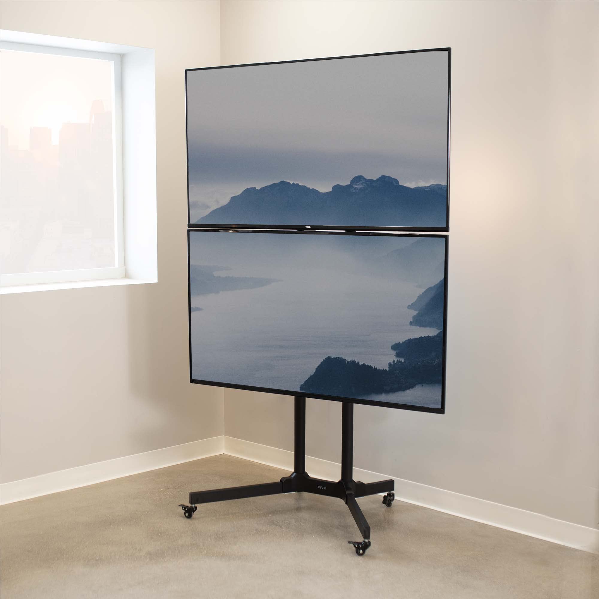 VIVO Mobile TV Cart for 32 to 65 inch Dual Screens up to 70 lbs Each, LCD LED OLED 4K Smart Flat and Curved Panels, Rolling Stand for 2 TV’s, Locking Wheels, Max VESA 600x400, Black, STAND-TV03E2