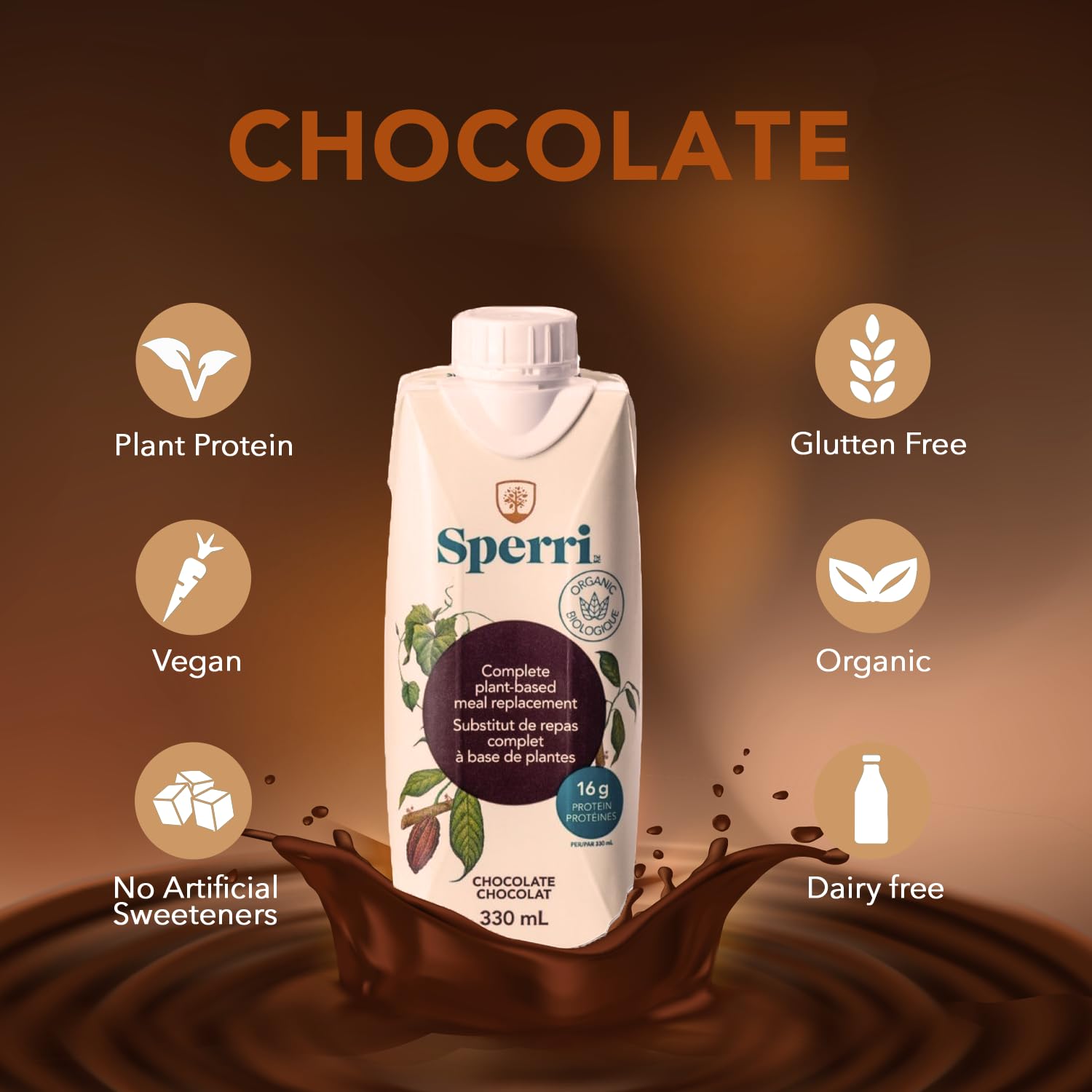 Sperri Plant-Based Meal Replacement Shake – Organic Protein Drink Made with Hemp & Pea Protein – Vegan Gluten-Free Dairy-Free Ready to Drink Nutrition Shake – Chocolate Flavor, 4.6 fl. oz (12 Pack)