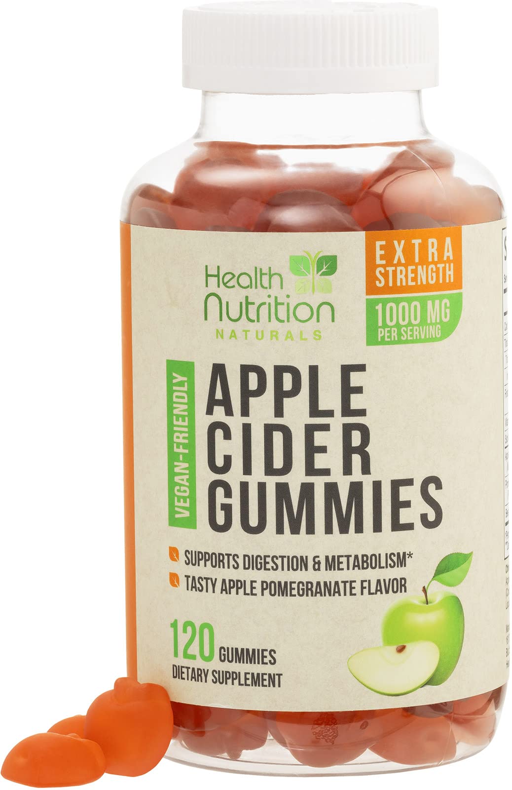 Vegan Apple Cider Vinegar Gummies | Max Strength 1000mg | ACV Supplement Gummy Vitamins for Adults, Supports Digestion, Metabolism, Natural Apple Flavor with Mother, Gluten Free, Non-GMO - 120 Gummies