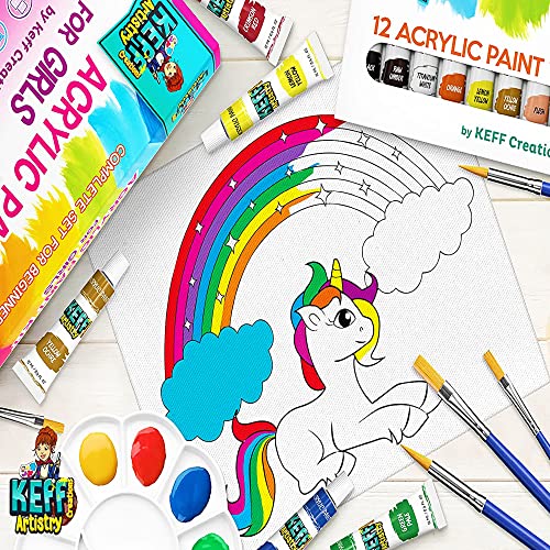 KEFF Acrylic Paint Set for Kids - Non Toxic Washable Paint - 32 Pcs Painting Kit for Kids with Blank & Pre-Drawn Canvas Boards, Wooden Easel, Brushes, Mixing Palette, Washing Cup & Pink Smock