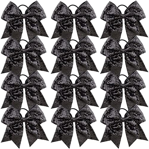 12 Pieces 8 Inch Black Cheer Bows Glitter Jumbo Cheerleading Bow with Elastic Ponytail Holder Bow Hair Tie Band Hair Accessories for School Girls Toddlers