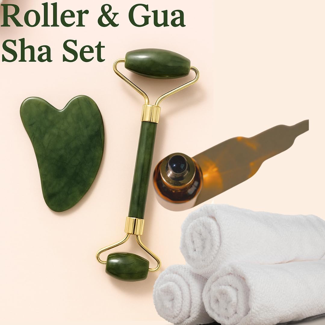 Gua Sha Facial Tool and Jade Roller Set –Anti-Aging Tools for Lymphatic Drainage, Puffiness, Wrinkles, and Relaxation – Skincare Tool for Face and Neck (Dark Green)