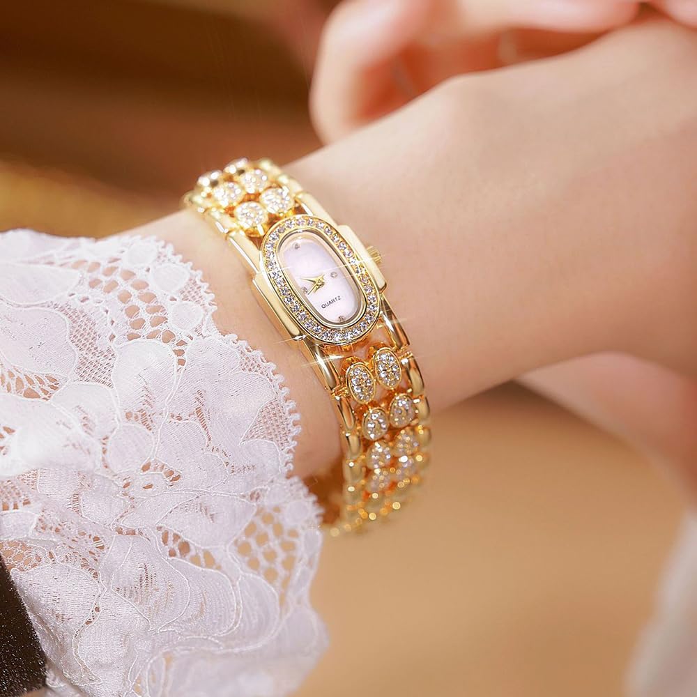 BESTKANG Dainty Watches for Women Vintage Rhinestone Bracelet Wrist Watch Luxury Small Ladies Oval Quartz Watch (Gold White)