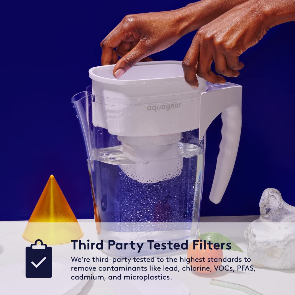 Aquagear Water Filter Pitcher – Lead, Chlorine, PFOA/PFOS, Microplastics Filter, 10 Cup, 120 Gallon Filter Life - Filter Media Made in USA