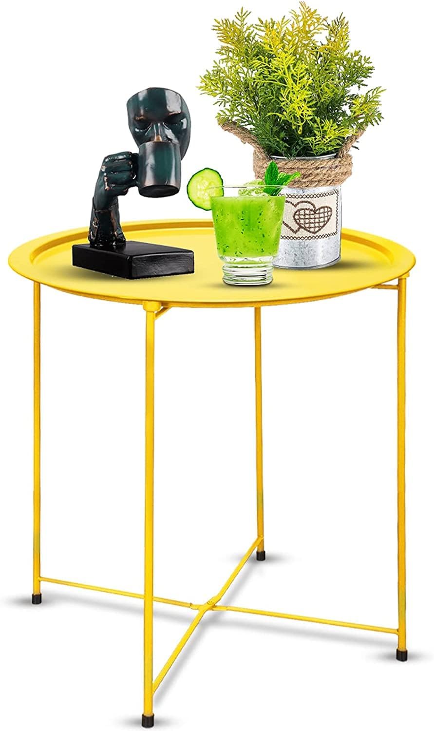 Garden 4 you End Table Outdoor Side Table, Small Patio Table Metal Side Table, Round Folding Side Table, for Outdoor and Living Room,Yellow