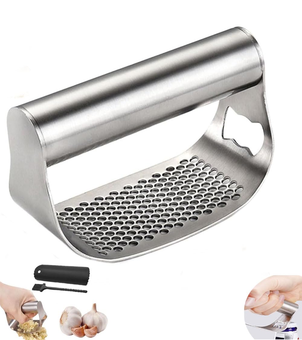 Garlic Presses,Stainless Steel Garlic Presser, Garlic Press Rocker Heavy Duty Stainless Steel Garlic Mincer, Garlic Chopper with Peeler And Cleaning Brush for Smash Garlic Kitchen Tools(1Set)