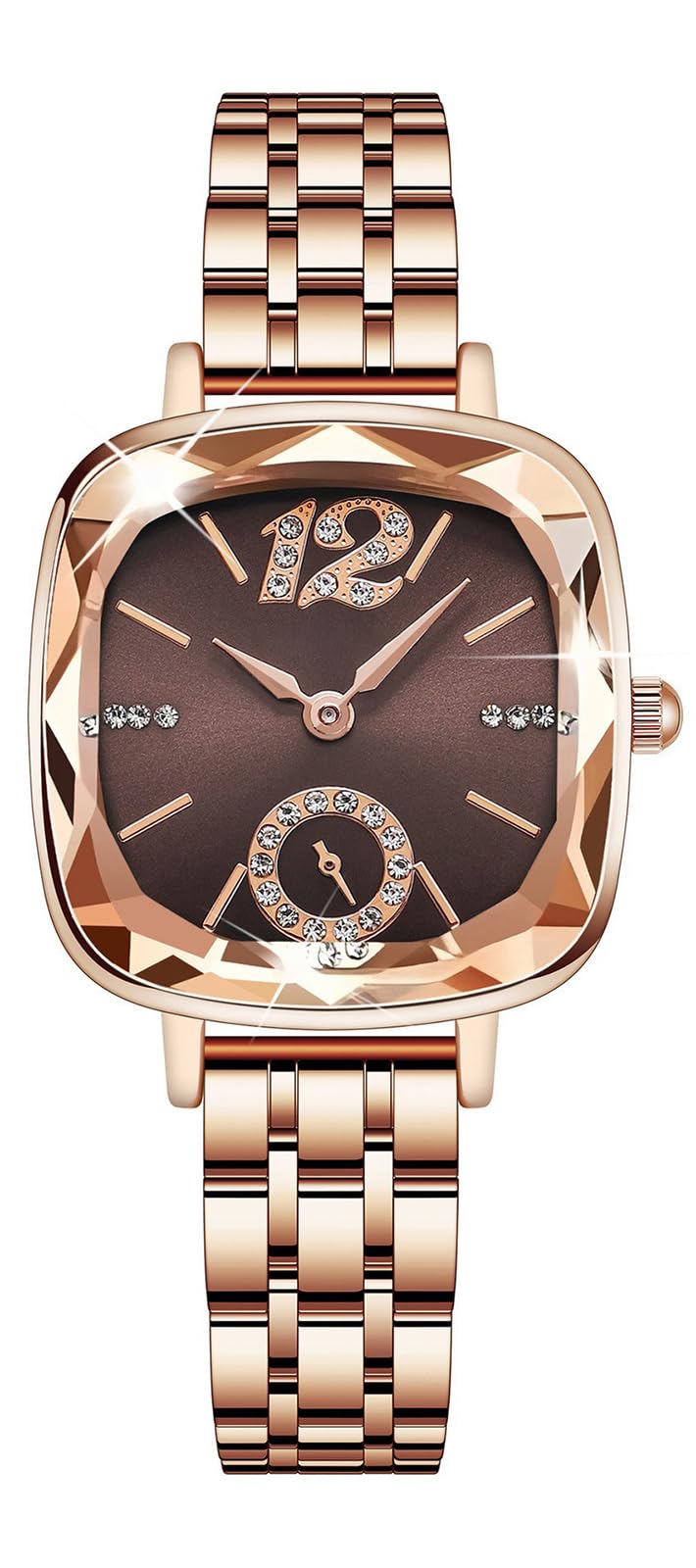 BESTKANG Women's Watch Square Diamond Dress Fashion Steel Belt Waterproof Quartz Wrist Watches for Women (Rose Gold Brown)