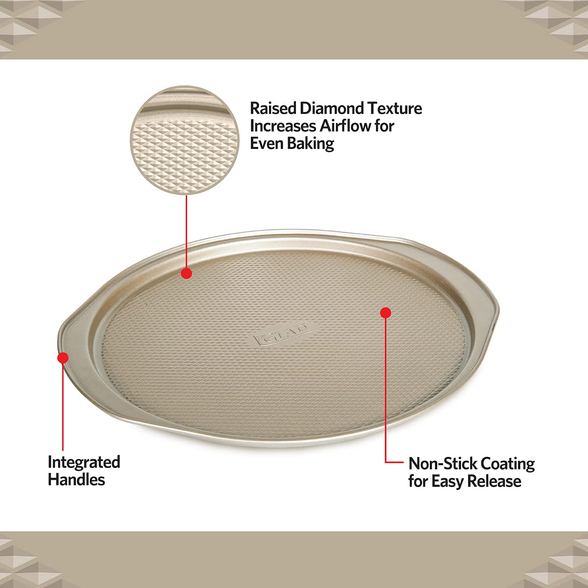 Glad Nonstick Large Pizza Pan for Oven | Round Baking Tray | Textured Cooking Sheet Crisper | Premium Bakeware Series for Home Kitchen