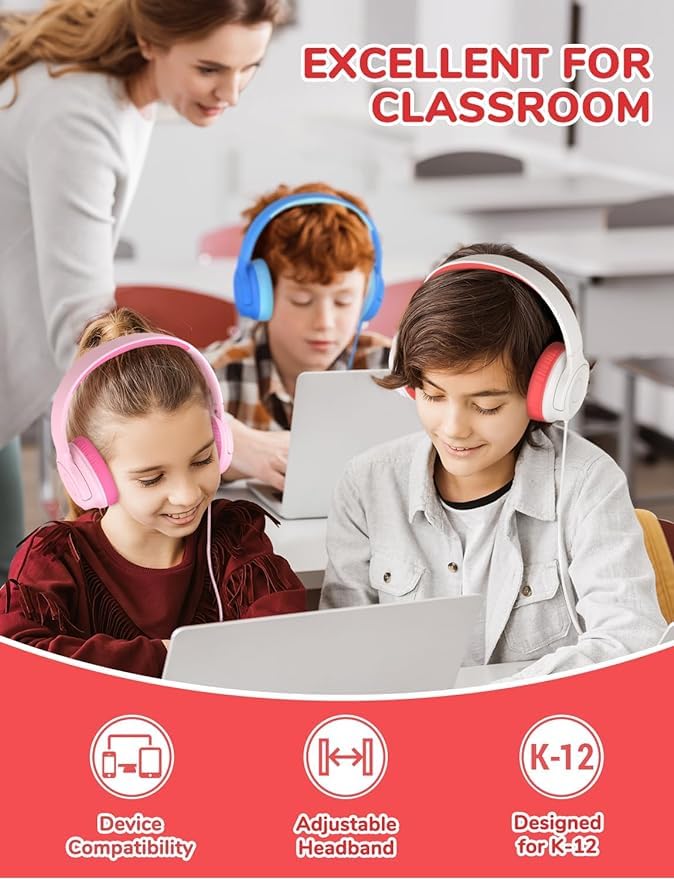 iClever Kids Headphones for School K-12, 85dBA Safe Volume, Tangle Free, 3.5mm Jack, HD Stereo, Swivel Folable Kids Headphones with Cord for Classroom/Student/Tablets/Laptop, Bulk 5Pack