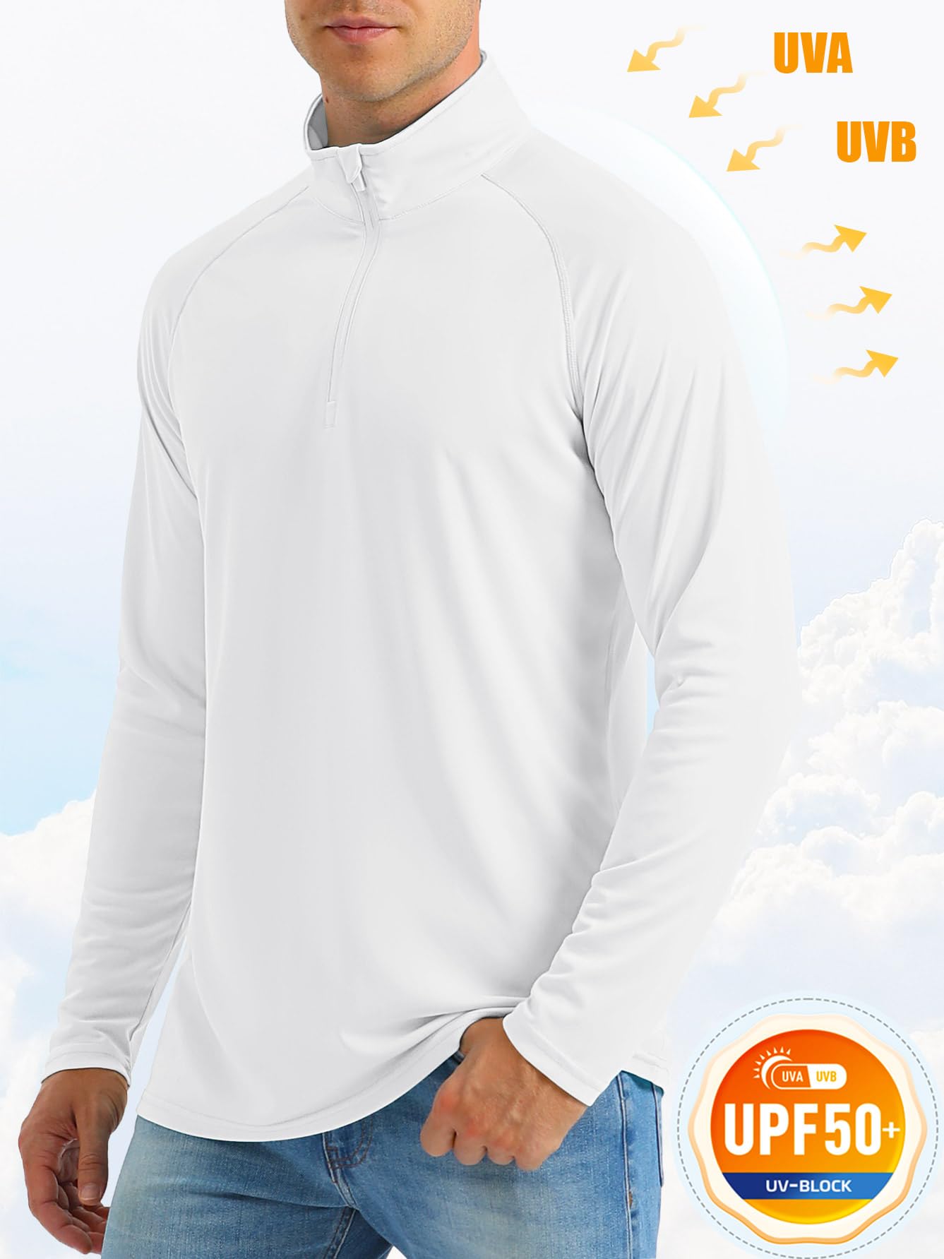 Shirts for Men Fashion 1/4 Zip Up Sun Protective Quarter Zip Shirt for Men Mens Rash Guard Shirt Long Sleeve SPF Loose Fit Athletic Shirt White
