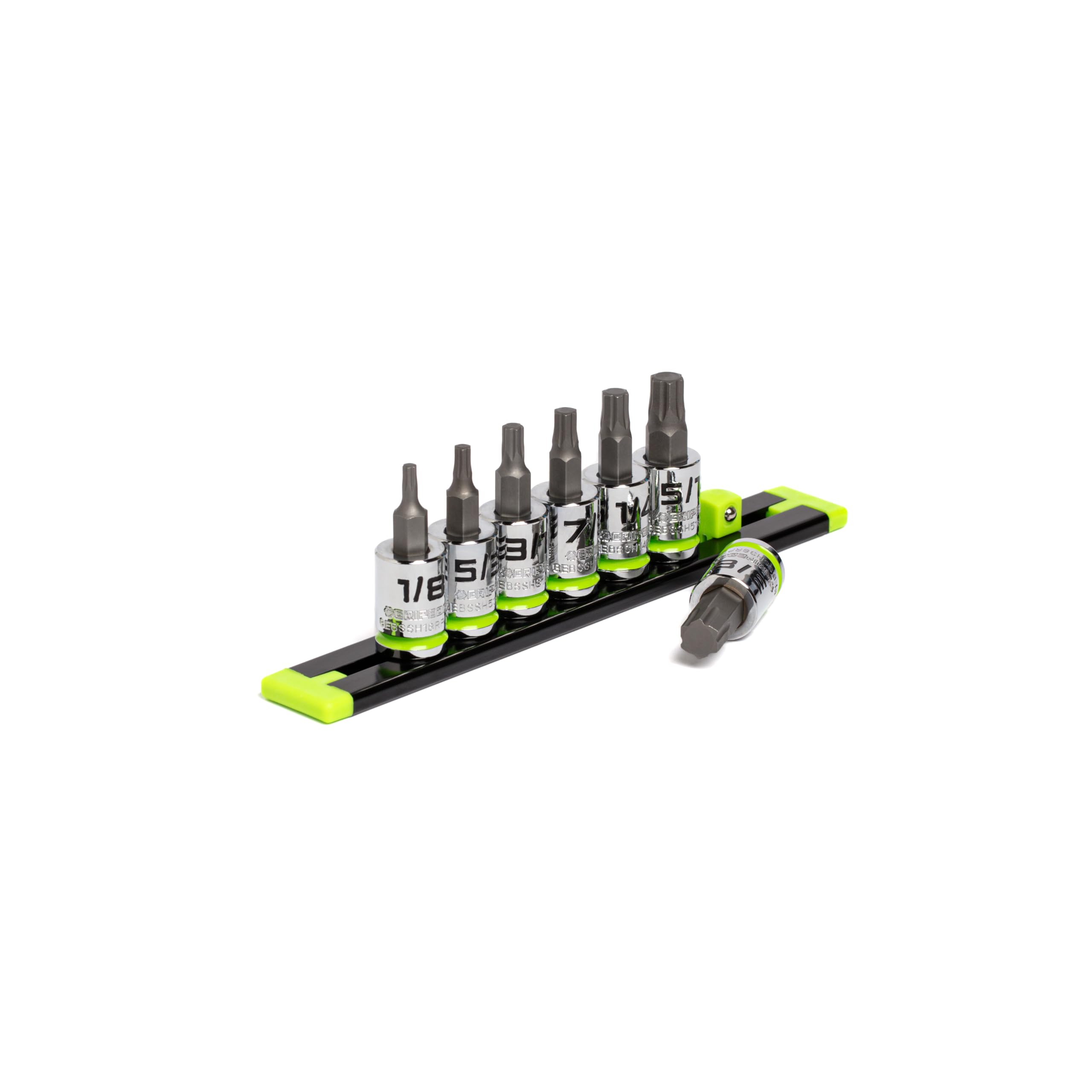 GRIPEDGE HEX Bit Socket Set | 7-PC - 3/8'' Drive Short SAE RPT Hex Driver Set | Sizes 1/8'' - 3/8'' | Made With S2 Steel | Includes Premium Aluminum Storage Rail |