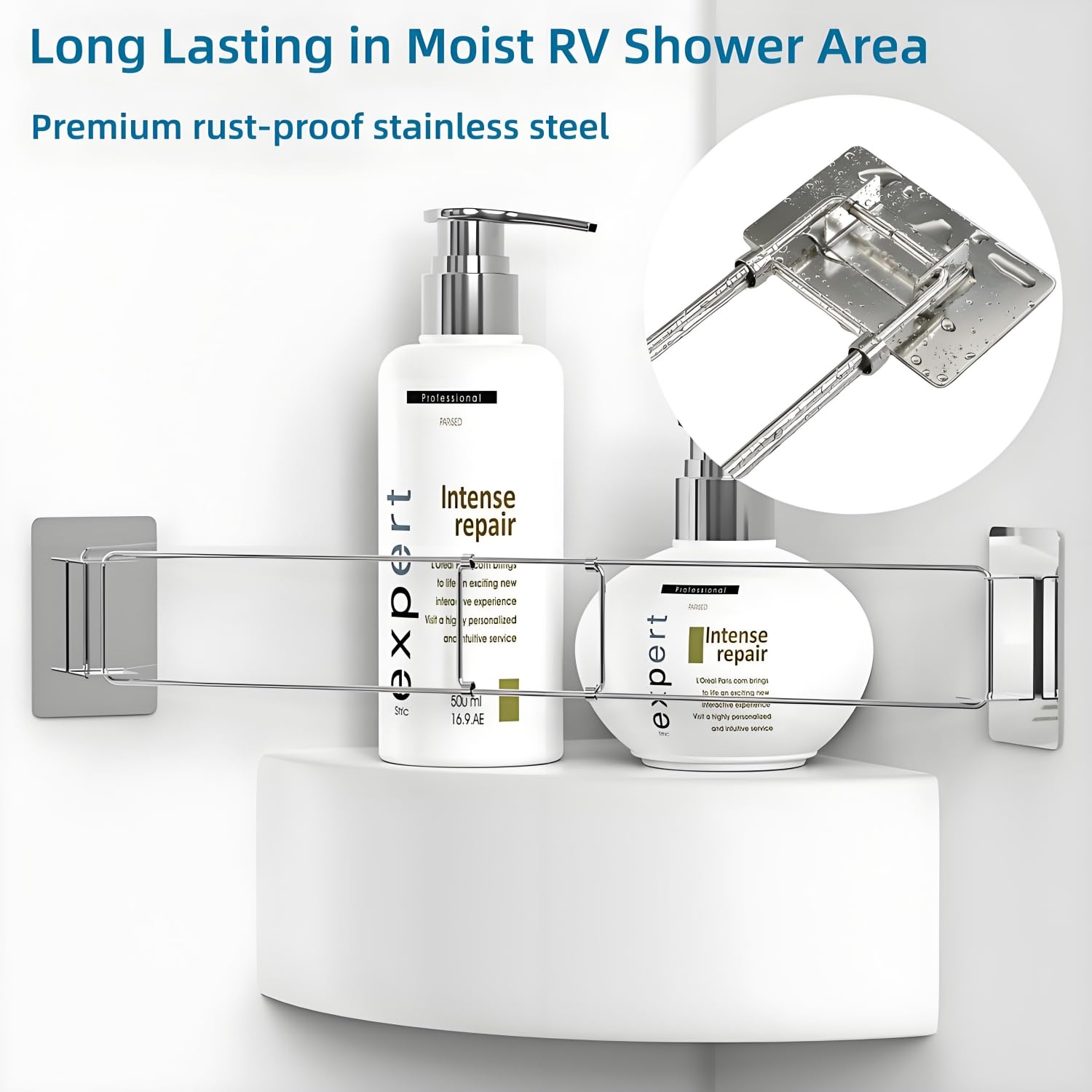 WanDwel RV Shower Corner Bar Adjustable 7-13 Inches Stainless Steel Camper Bathroom Caddy Storage Organizer, Pre-Applied Adhesive for Easy Install 2 Pack