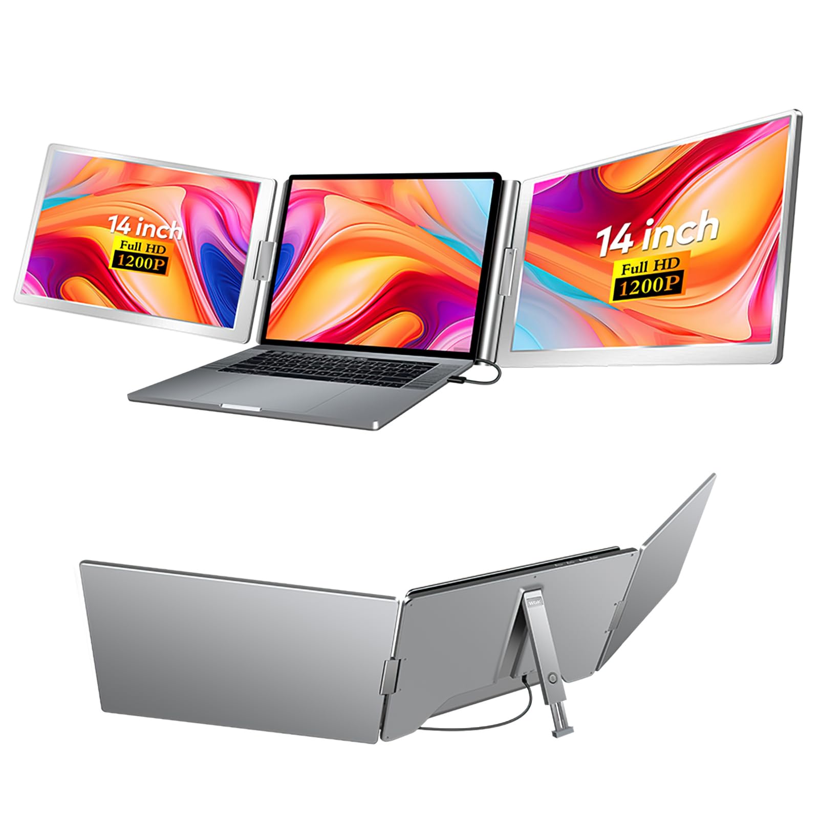 WGK Triple Portable Monitor, FHD 1200P IPS Laptop Monitor Extender Full Function Type-C/HDMI Ports, Foldable Dual Screen Extender for 13.3’’-17.3" Compatible with Windows, Mac
