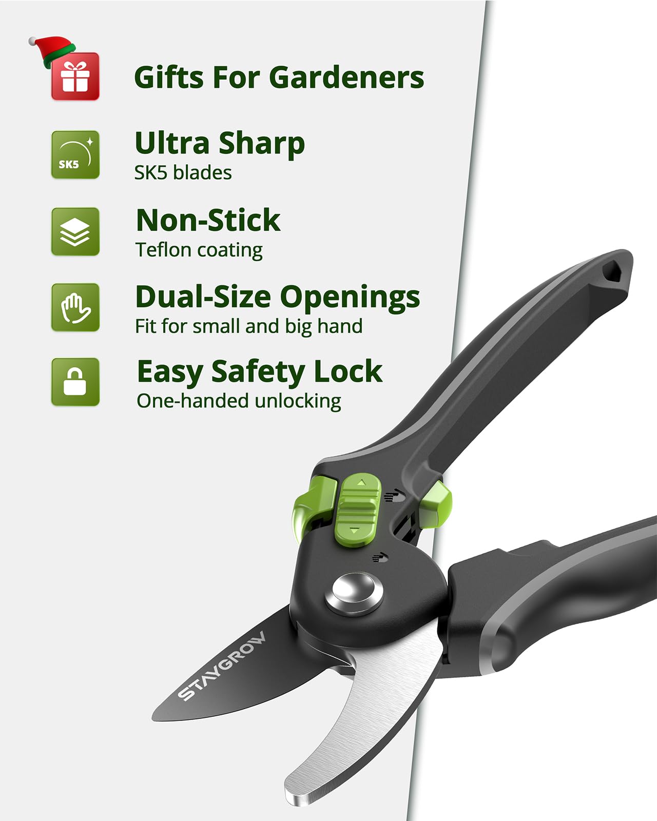 Pruning Shears for Gardening - 8.5" SK5 Garden Shears Cuts 10000+ Times Staying Sharp - Garden Scissors with One-handed Unlocking & Adjustable Handle- Garden Clippers Gardening Gifts for Men Women