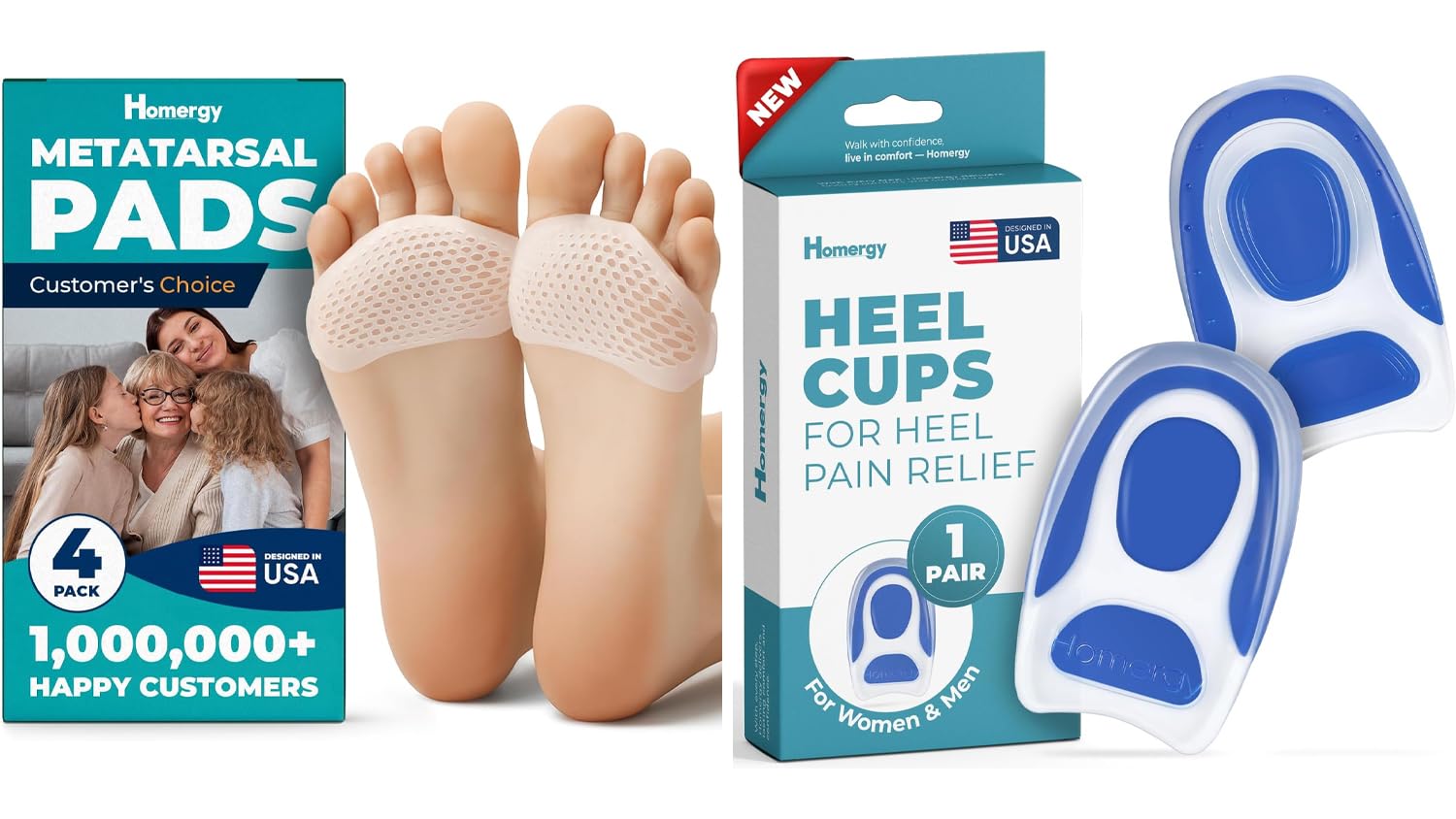 Metatarsal Foot Pads (4-Pack) + Gel Heel Cups (2-Pack, Size M) – All-Day Foot Cushioning Bundle for Forefoot & Heel Comfort, Shock Absorption & Daily Support