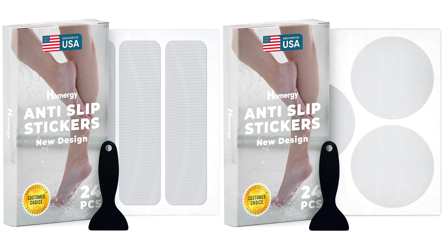Homergy Rectangle and Round – Anti-Slip Shower Stickers, 48 PCS Clear Adhesive Safety Strips