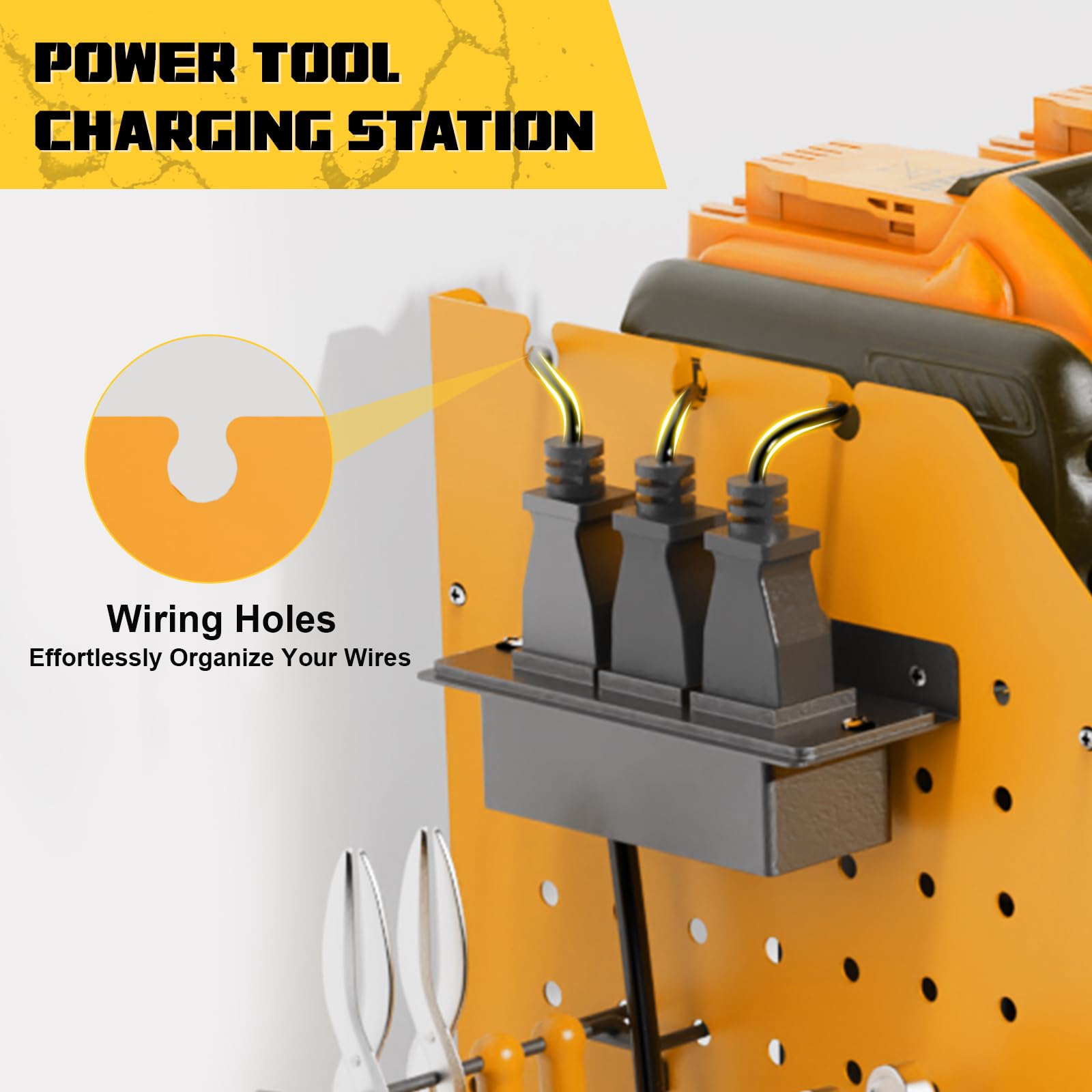 Xankzi Power Tool Organizer with Charging Station, 45.5" Garage Organization Wall Mounted, 3 Layers Electric Cordless Drill Holder with Outlet Power Strips, Garage Tool Storage for Impact Wrenches