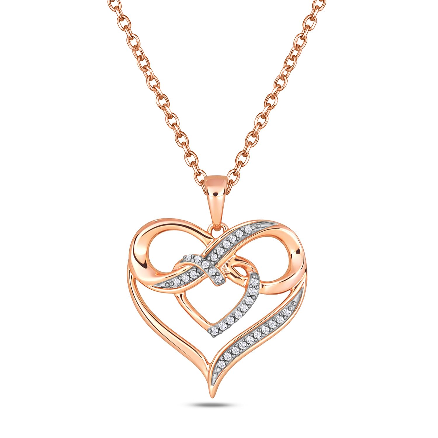 Cali Trove Double Heart Infinity Pendant for Women (Rose Gold) | 1/10cttw Real White Diamonds Necklace for Women | Double Heart Pendant Gift for her | Mother's Day Gift for Mom | Jewelry