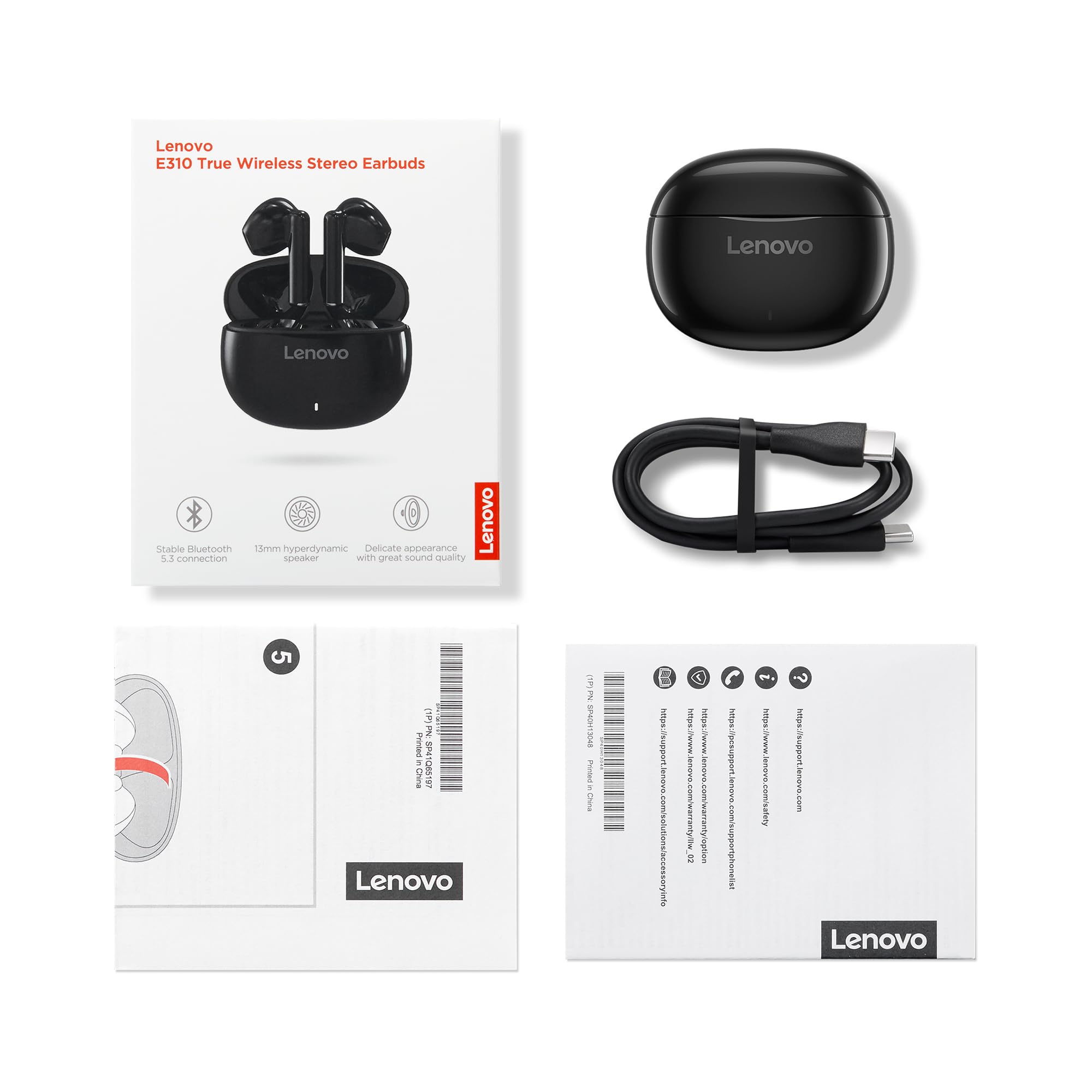 Lenovo E310 True Wireless Stereo Earbuds Bluetooth 5.3 ENC Noise-Cancelling Ear Buds with 13mm Speaker Type-C Charging 20h Battery Life for Music Calls Comfortable Fit Wireless Earbuds - Black