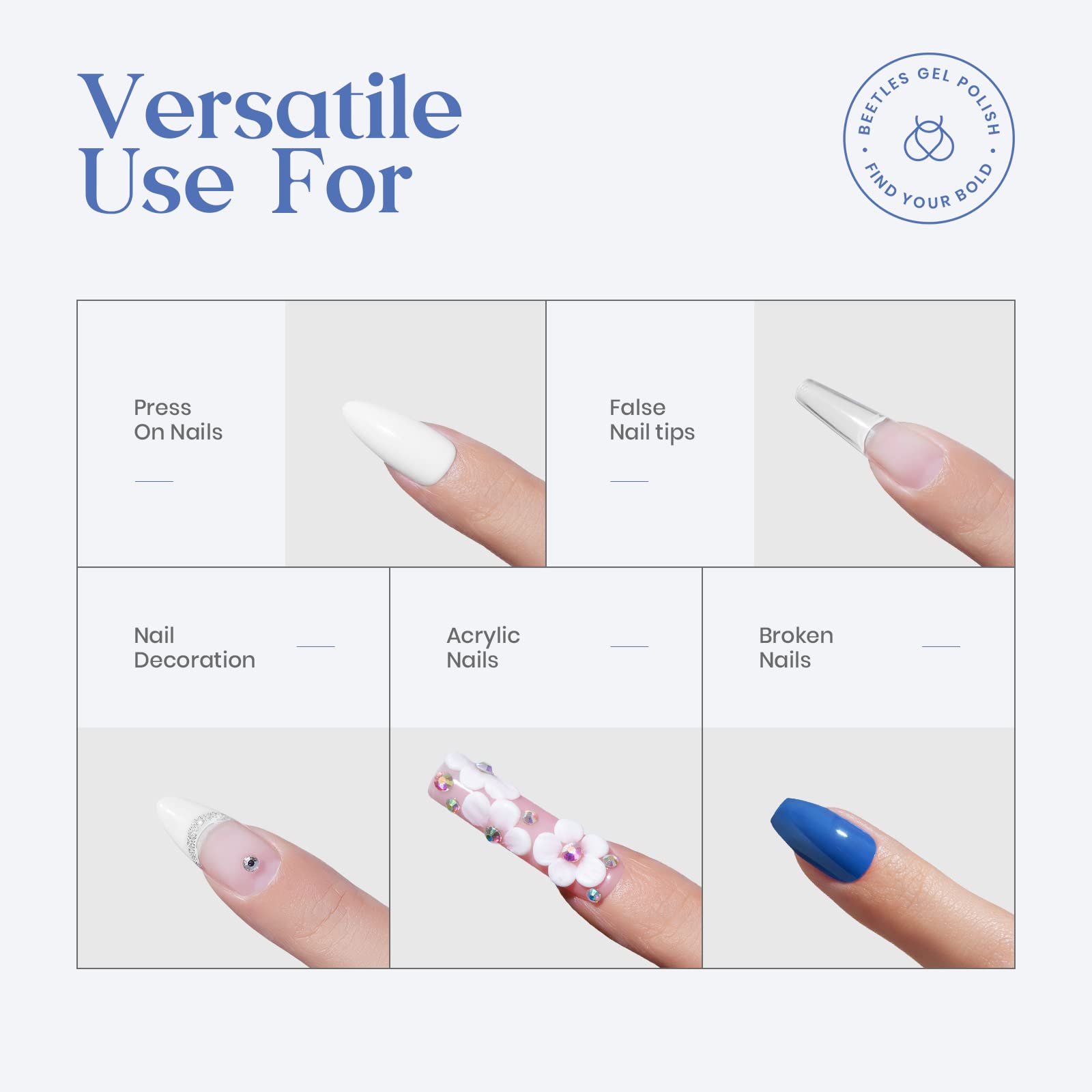 Beetles Nail Glue for Acrylic Nails, Nail Tips & Press On Nails (10Ml) 3 Pcs Super Strong Brush in Nail Glue for Press On Nails Quick Dry Nail Adhesive Bond Nail Tips Glue Fake Nails Gift for Women