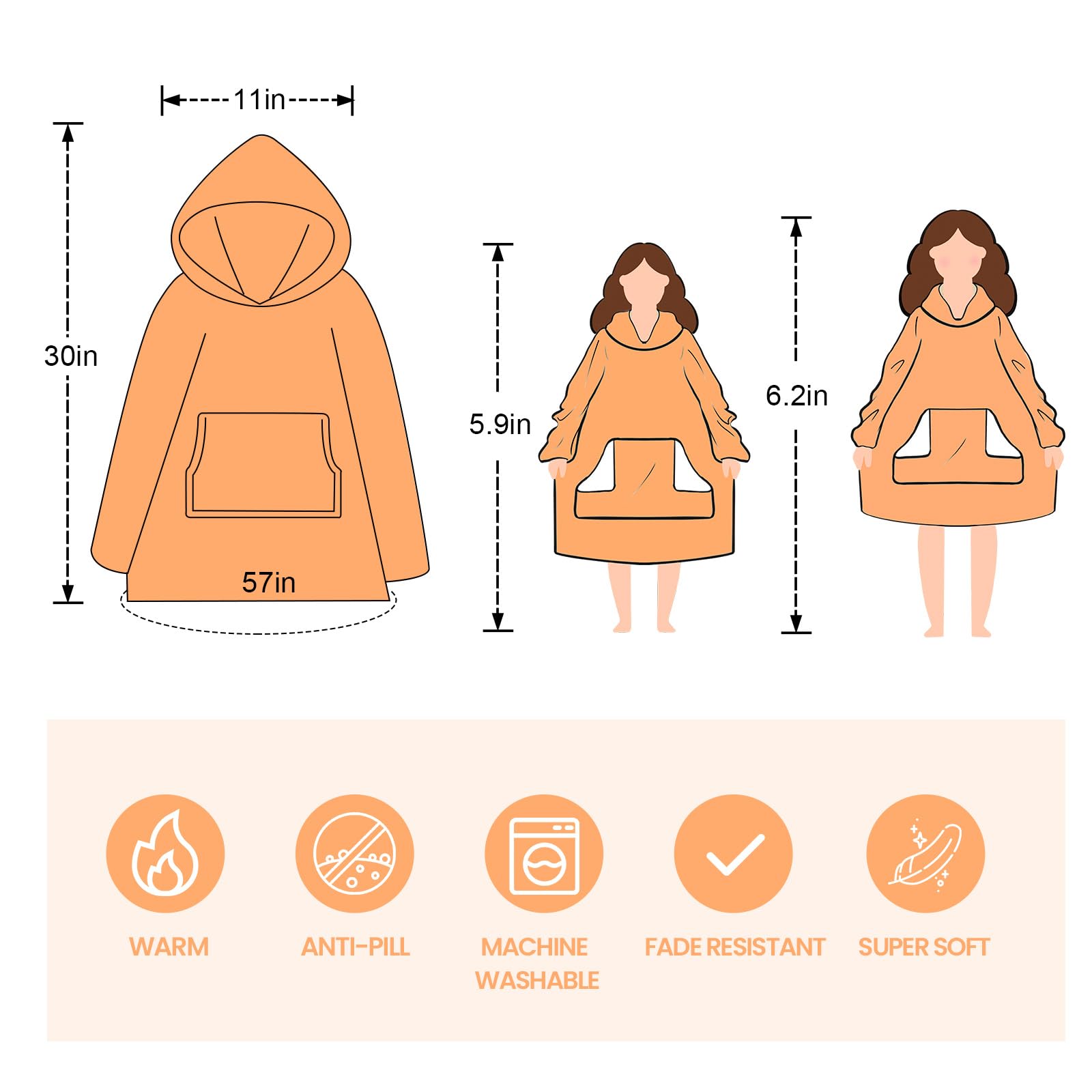 Touchat Halloween Wearable Blanket Hoodie, Orange Bat Costume Oversized Sherpa Fleece Sweatshirt Blanket with Giant Hood Pocket and Sleeves for Adult, Warm & Cozy Grey Blanket Gifts for Women