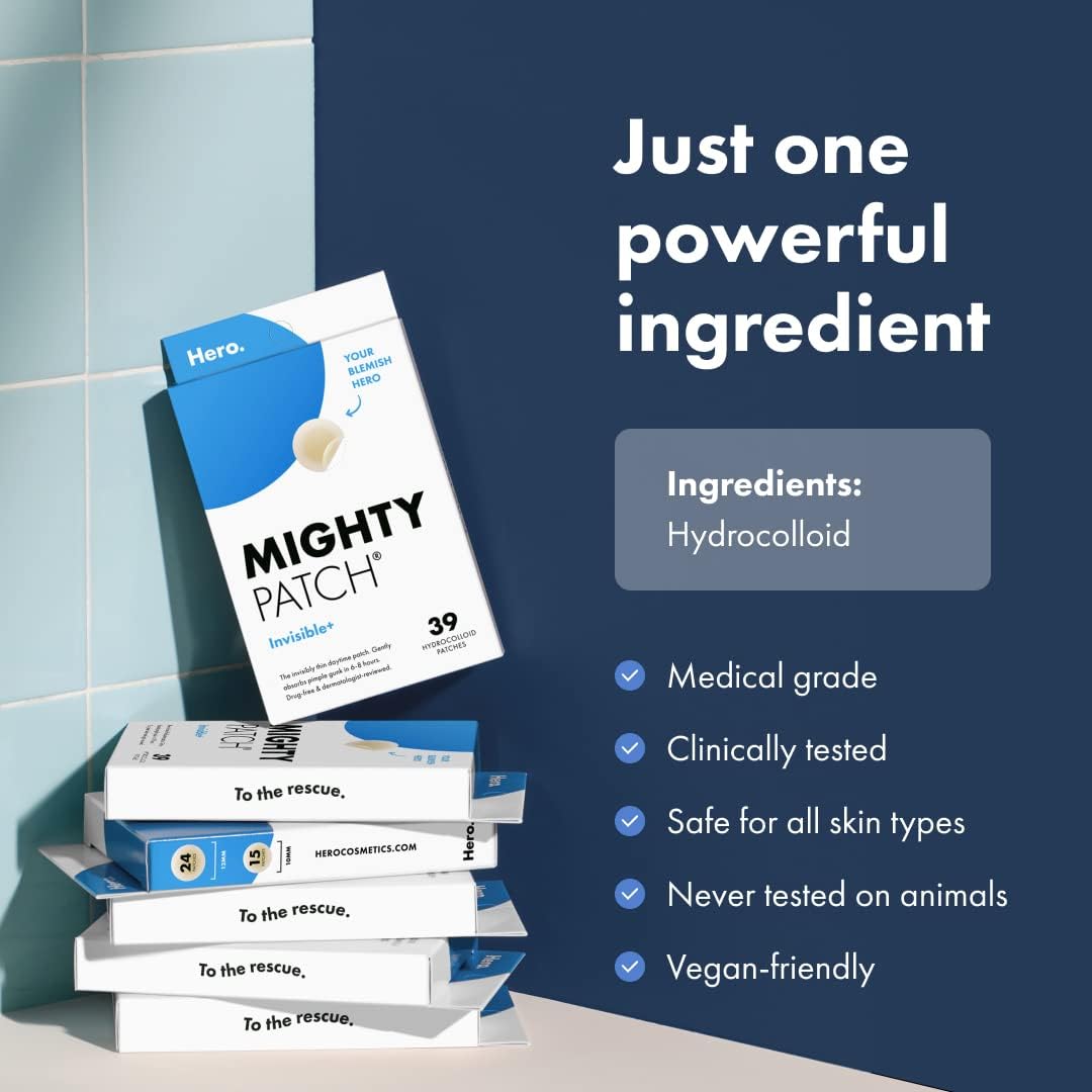 Hero Cosmetics Mighty Patch™ Invisible+ Patch - Daytime Hydrocolloid Acne Pimple Patches for Covering Zits and Blemishes, Ultra Thin Spot Stickers for Face and Skin, Vegan-friendly (39 Count)