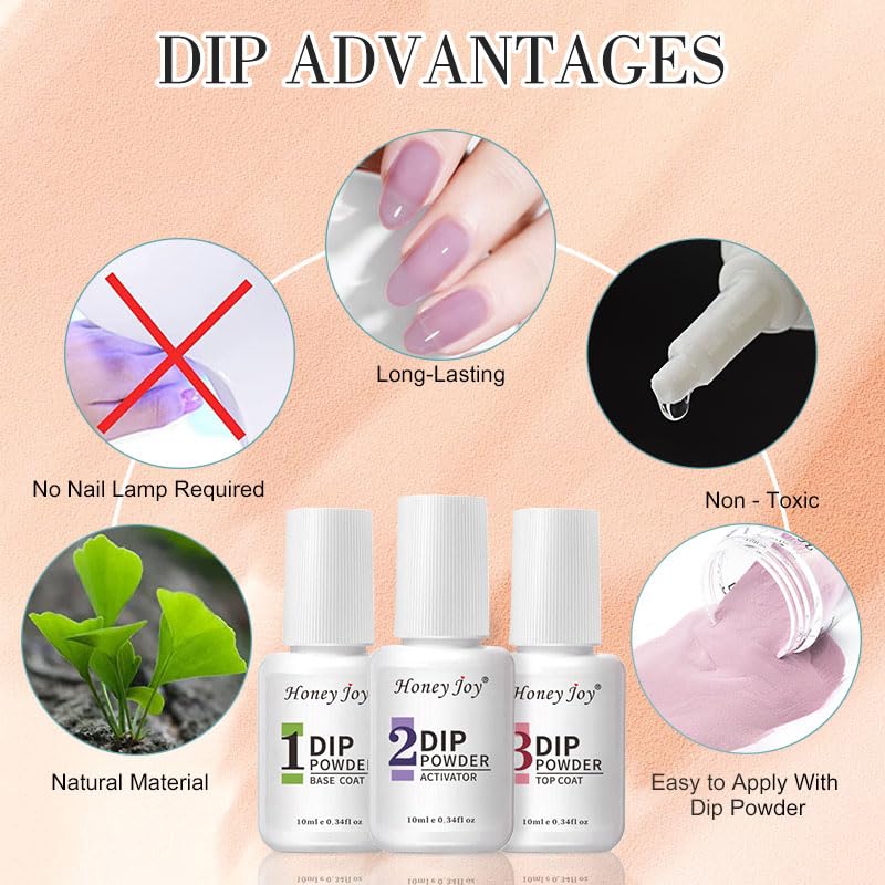 Honey Joy Dip Powder Nail Kit Starter,4 Colors Gentle Nude Brown Pink Neutral Skin Dipping Powder Liquid Set with Base Top Coat for Nail Art Manicure Salon DIY No LED Nail Lamp Needed,Dip-7pcs-07