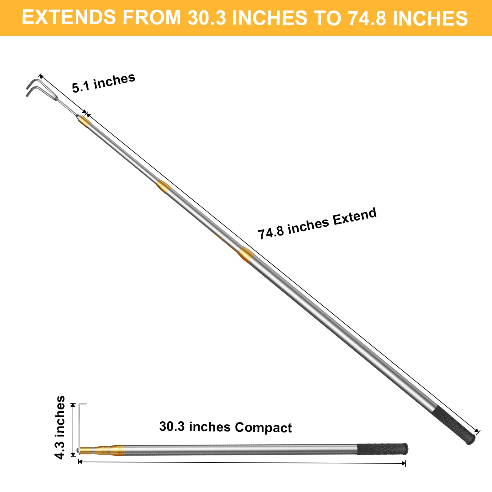 Telescoping Pole with Hook for Pickup Truck Bed Accessories, 6.23 Ft Cargo Grabber Reacher Retriever Tool Multifunctional Heavy Duty Truck Accessories