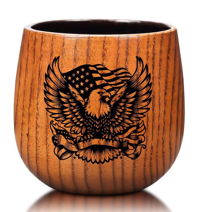 Wooden Whiskey Glass – Wooden Bourbon Drinking Glass with Eagle Design – Solid Wood Whiskey Cup – Old Fashioned Glasses Set of 2 – Birthday, Retirement, Weddings, Anniversaries Gift for Men Women