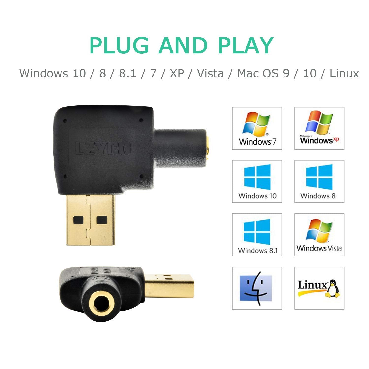 LZYCO USB Audio Adapter 2 Packs,USB to Audio Jack External Stereo Sound Card with One 3.5mm Aux TRRS Headphone or Headset to USB Adapter for Integrated Audio Out & Microphone in, Do Not Work for TV