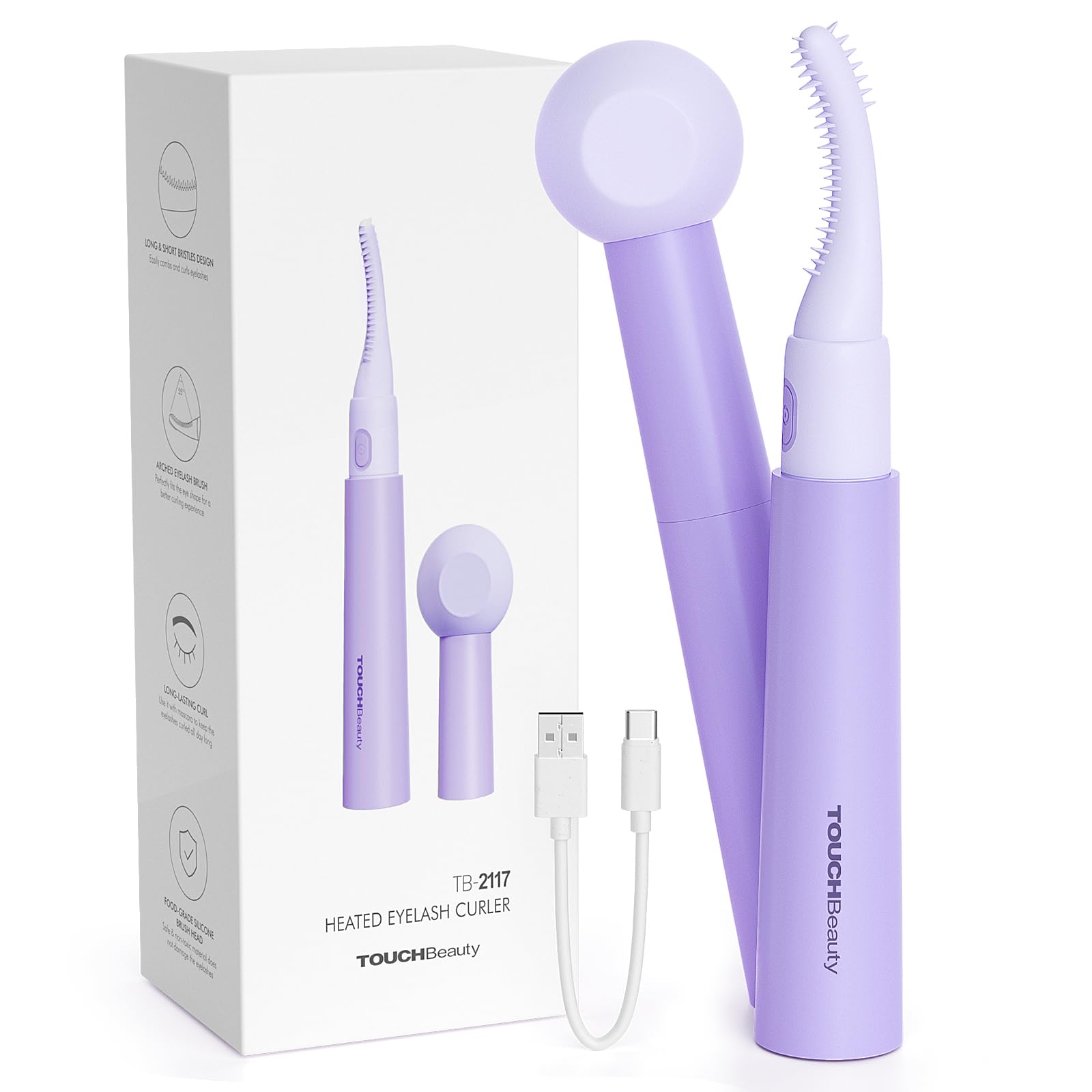 TOUCHBeauty Heated Eyelash Curler with Dual-Sided Curling Comb, Rechargeable Lashes Curlers Washable Silicone Comb Brush, 2-Level Temperature, Natural Curling TB-2117
